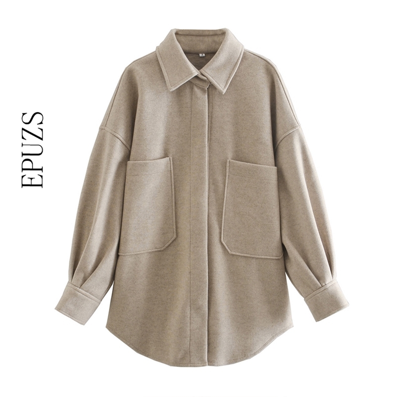 Vintage wool shirt jacket women oversize coat winter thick warm and casual loose outwear 210521