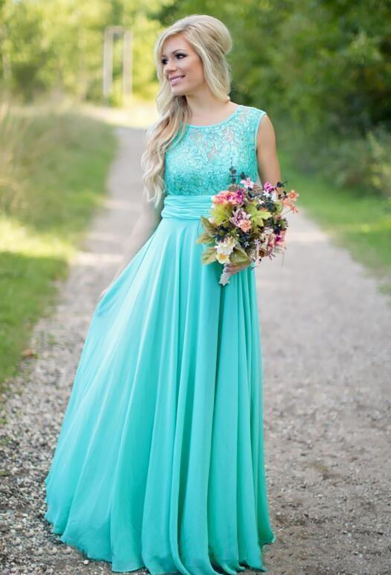 Teal 2021 New Country Bridesmaid Dresses Scoop A Line Chiffon Lace V Backless Maid of Honor Gowns for Wedding Guest Gown Long Formal Party Evening Pro