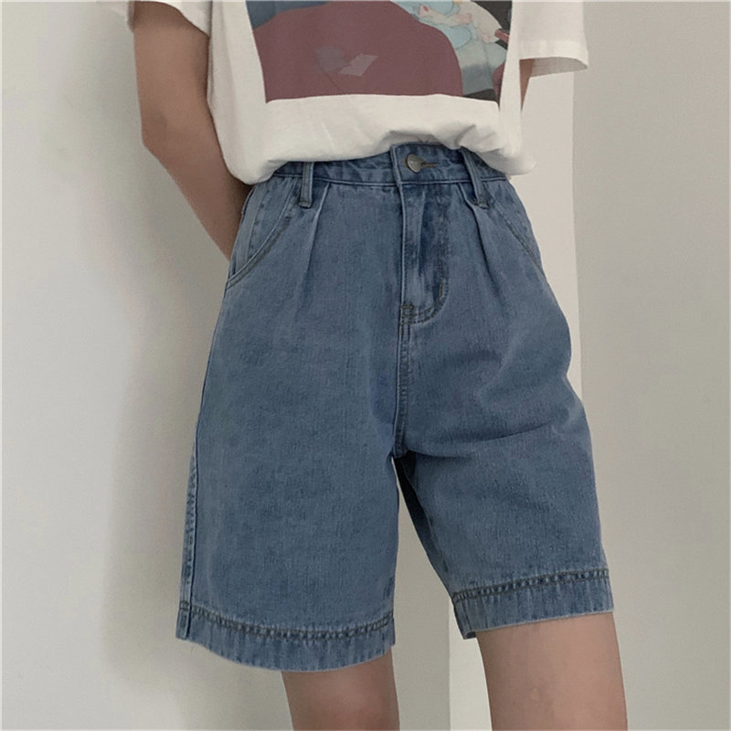 Feminino Cowboy Female Straight Casual High Waist Chic Fashion Women Solid Denim Light Washed Summer Shorts 210421