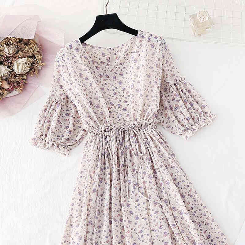 Women Floral Print Dress Summer Vintage Elastic Waist Chiffon Dresses Slim Short Sleeve Office A-line Dress Vestidos 210521