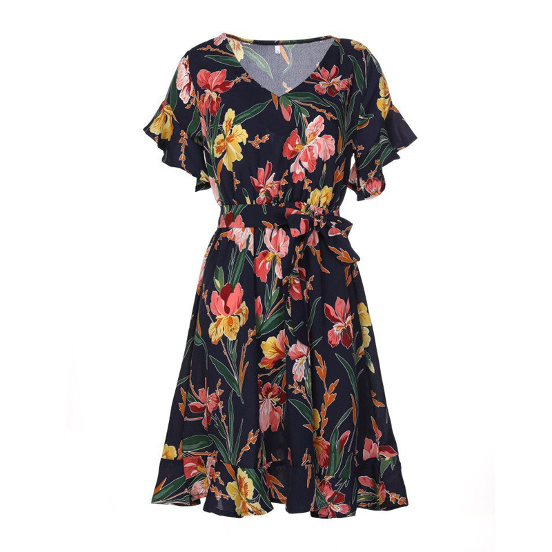 Women Boho Short Mini Dress Summer Floral Printed V-Neck Bow Knot Beachwear Sundress Ladies Short Sleeve Ruffles Loose Vestidos 210419
