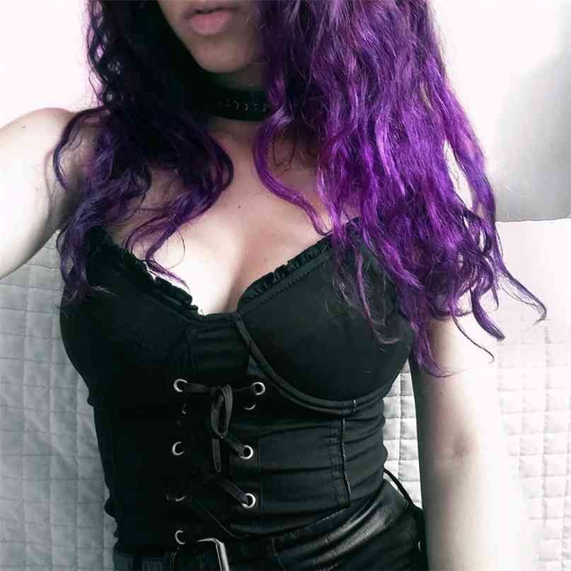 Sexy Lace up Bandage Crop Top Women Gothic Black Spaghetti Strap Sleeveless Tank Night Clubwear Summer Woman Camis 210603