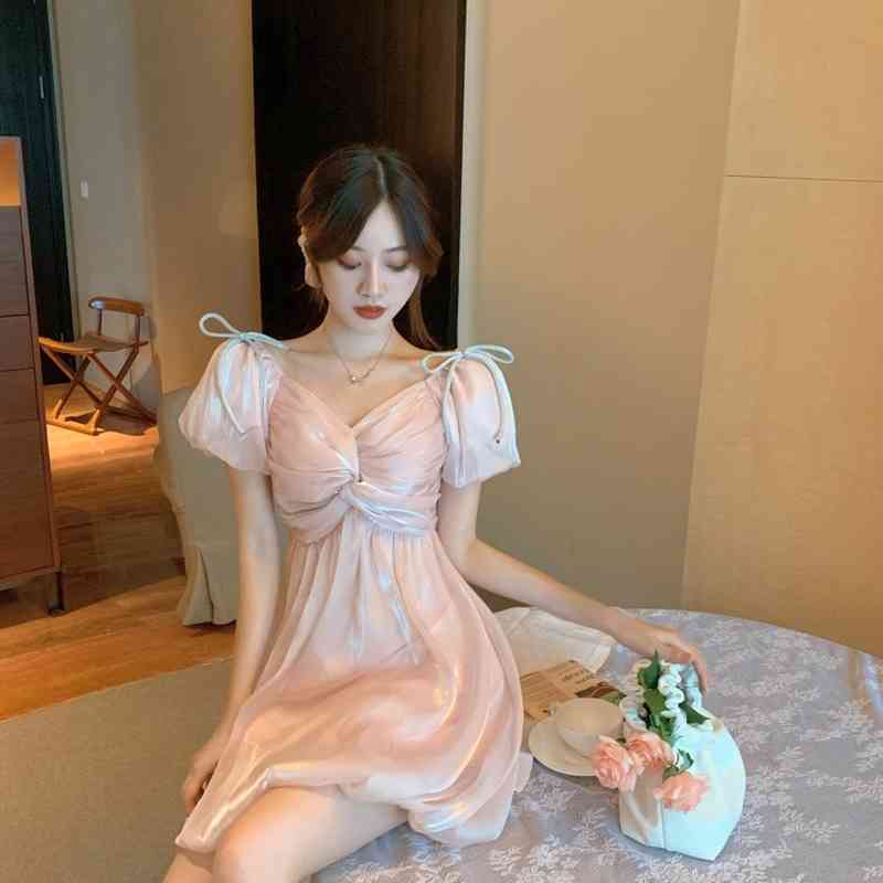 Elegant Vintage Dress Women V-neck Chiffon Slim Mini Dress Parety Evening Dress for Females Korean Style Summer Office Lady 210521