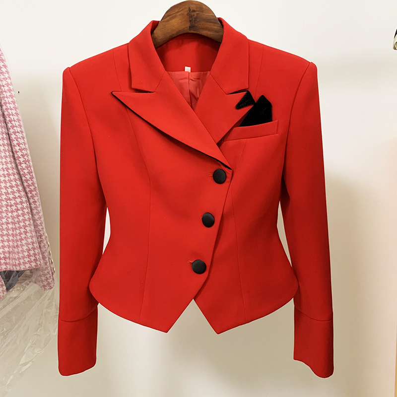 HIGH QUALITY Red Blazer Women Short 202 Female Suit Pocket Decoration Cloth Button Jackets Blazers Coat 210525