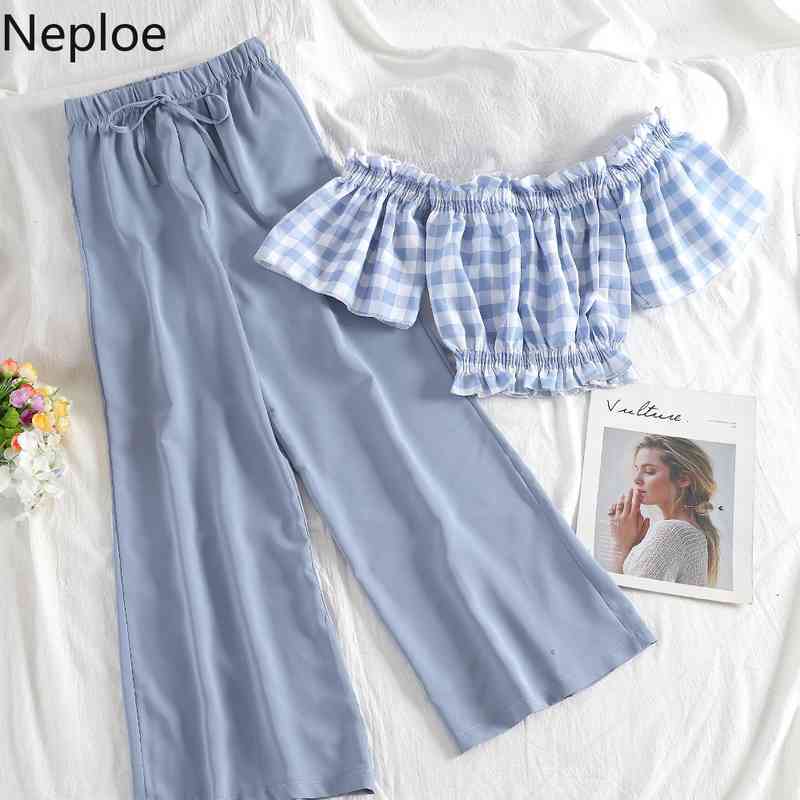 Neploe Fashion Korean Suit Two [iece Set Women Plaid Off Shoulder Crop Tops High Waist Wide Leg Pants Ropa Mujer 2 Piece Set 210422