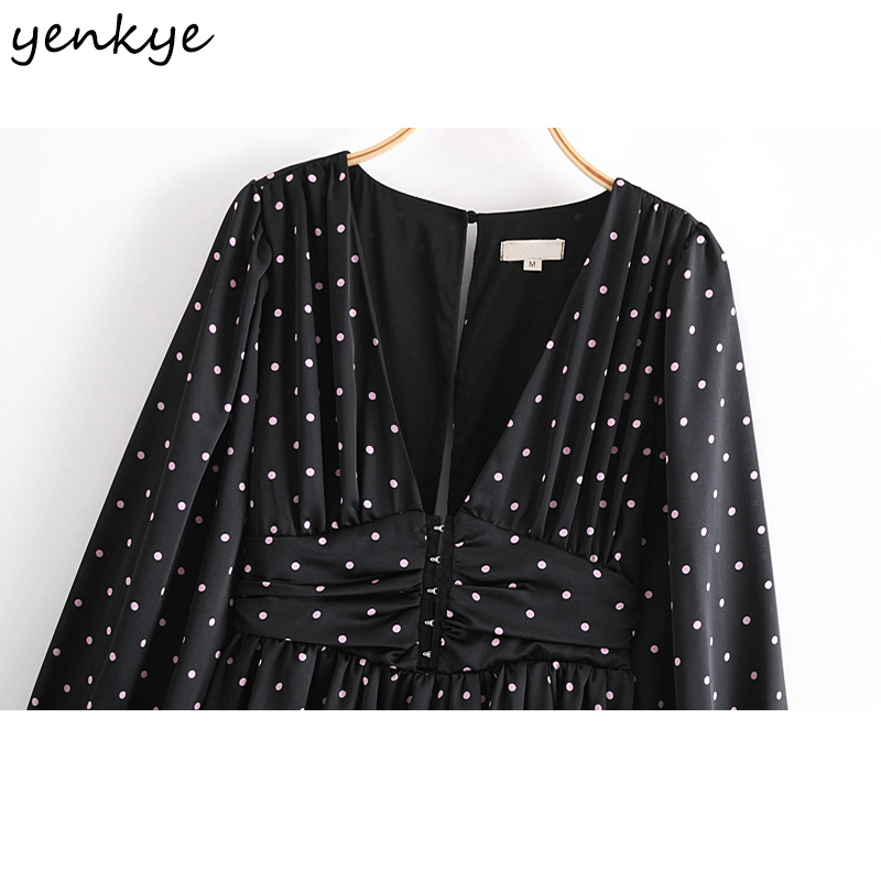 YENKYE Spring Women Vintage Polka Dot Mini Dress Fashion Lady Sexy V Neck Lantern Sleeve A-line Hem Ruffle Dress 210515