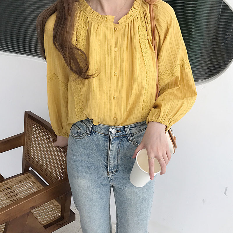 Early Spring Round-necked Women's Shirt Retro Cotton Lantern Sleeve Fashion Blouse Women Blusas Mujer 13029 210427