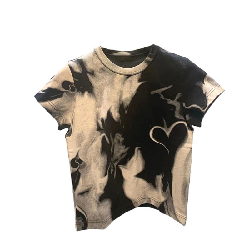 KUSAHIKI Korean Tie Dye Short Graphic Tee Causal Short Sleeve O-neck Woman Tshirts Summer New High Waist Tshirt 6G940 210427