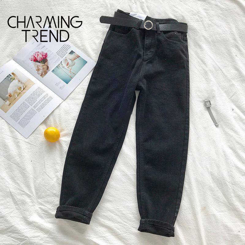 Womens Jeans Pant Black Korean Crop Girls Students Vintage Solid Long Pants Fit Female High Waist Denim Women 210922