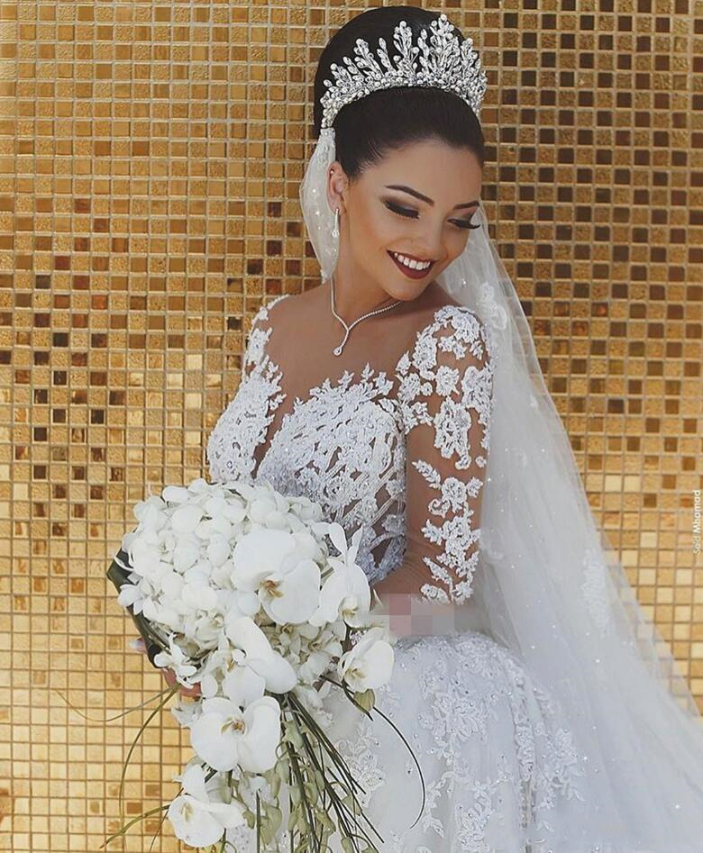 2022 Spring Lace Mermaid Wedding Dress Illusion Bodice vestido de noiva Long Sleeve Sheer Neck Appliques Bride Dresses Arabic Dubai White Formal Brida