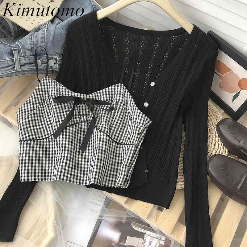 Kimutomo Elegant Suit Women Color Contrast Lace Up Plaid Sleeveless Sling + Long Sleeve V-neck Breasted Black Cardigan Thin 210521
Kimutomo Elegant Suit Women Color Contrast Lace Up Plaid Sleeveless Sling + Long Sleeve V-neck Breasted Black Cardigan Thin 210521