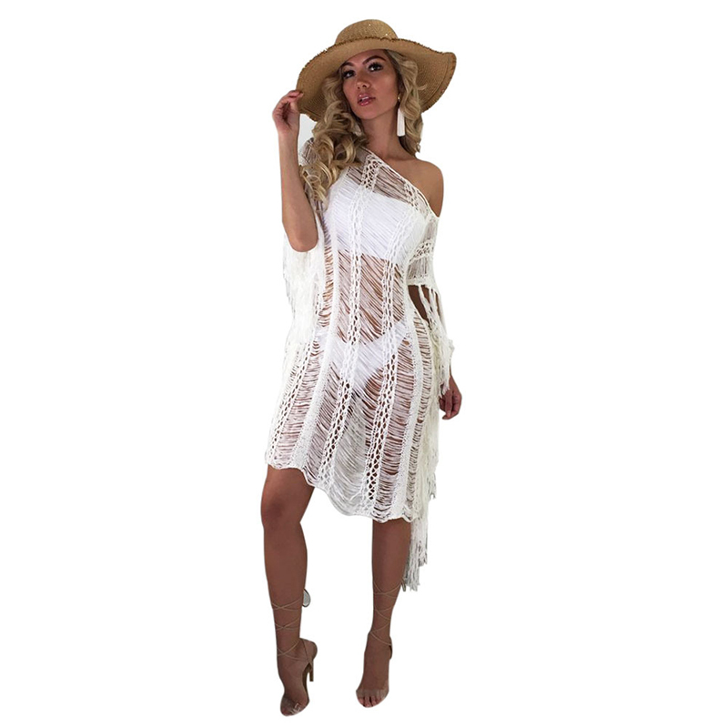 Sexy Through Hollow Out Bikini Cover-ups White Crochet Tunic Women Summer Dress Beach Wear Swim Suit Cover Up A862 210420