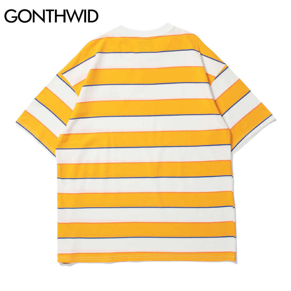 GONTHWID Tshirts Streetwear Hip Hop Color Striped Summer Tees Shirts Men Harajuku Fashion Casual Cotton Loose Short Sleeve Tops 210629