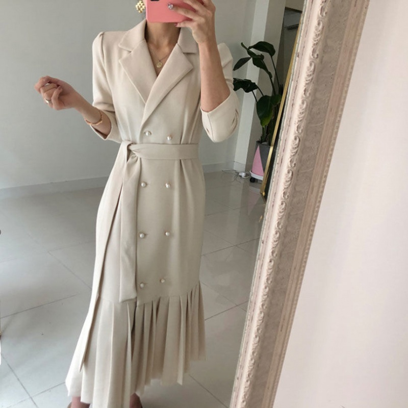 Long Trench Dress Women Suit Color Sleeve Minimalist Fashion Career OL Maxi Dresses High Quality Vestidos 210421
