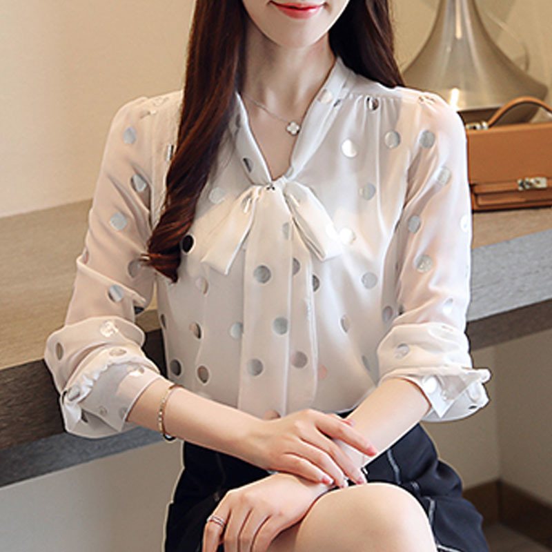 Blouse women spring white long sleeve shirts for tops bow chiffon blouse Polka Dot V-Neck blusas femininas 7960 50 210427