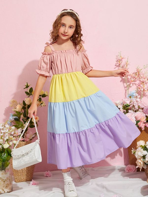 Girls Color Block Frill Trim Ruched Knot Shoulder Puff Sleeve Dress SHE