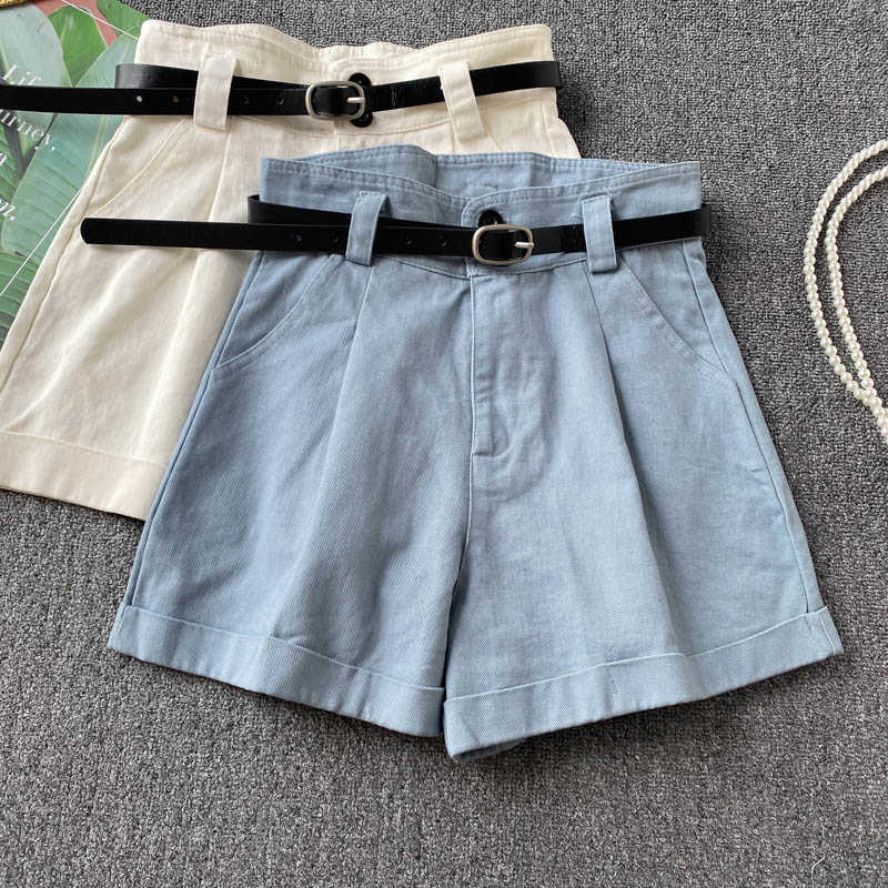 Woman Shorts Summer Belt High Waisted Bottoms Causal Solid Wide Leg Short Feminimos Pantalones De Mujer 6H532 210603