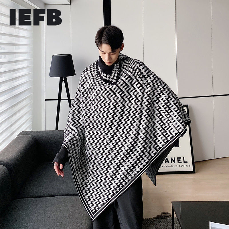 IEFB black white Plaid print Cloak Knit Sweater Men's Fashion Pullover kintwear Tops loose oversized irrgular clothes 9Y4686 210524