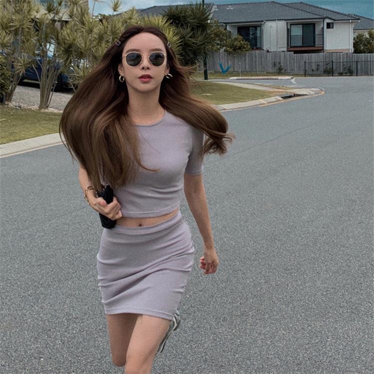Summer Women Set Sexy Knitted Black Short Sleeve O-Neck Tops Female Fashion Two Piece Mini Casual Slim Korean Dress