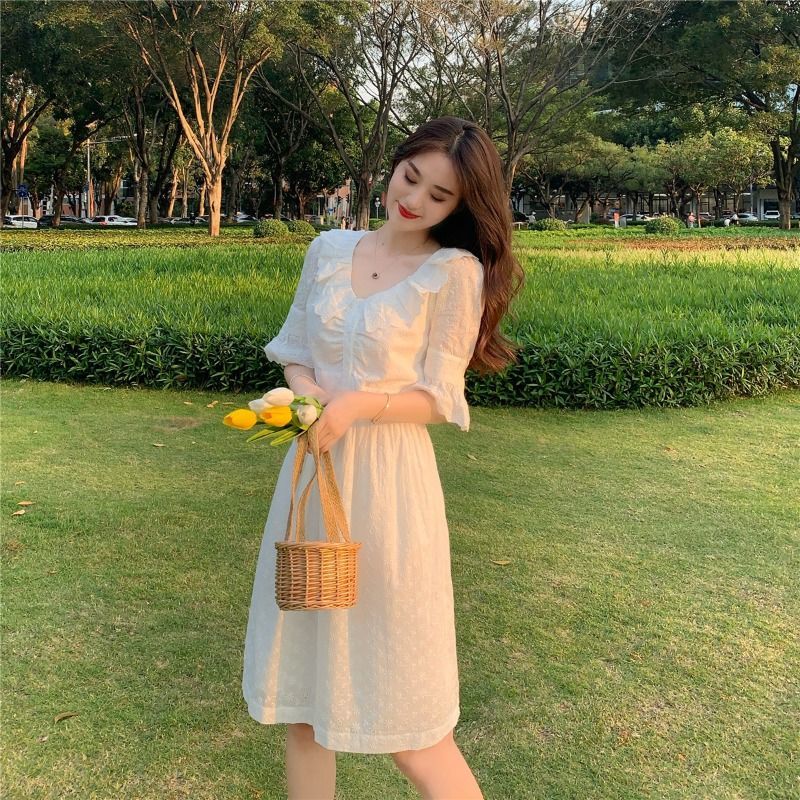 Elegant Dresses for Female White V-Neck Button Slim Mini Dress Beach Office Lady Kawaii Thin Women Fairy Dress Korea Summer 210521