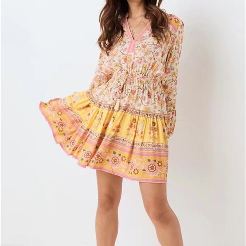 Bohemia Women Yellow Floral Print Long sleeve Dress BOHO Holiday V neck Tassel Bandage Elastic Waist Mini Short Dresses 210429