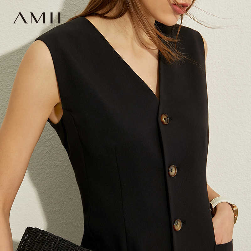 Summer Office Lady Sleeveless Dresses Elegant Solid Vneck Slim Single-breasted Fashion Female Dress 12040158 210527