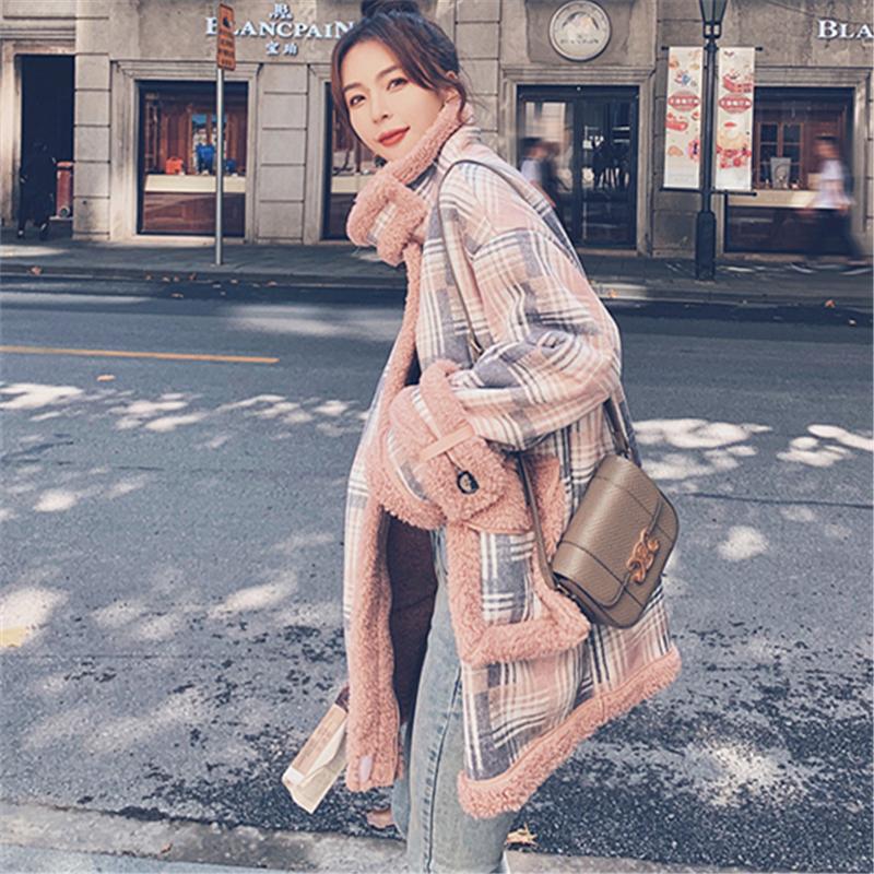 Women's Fur & Faux Winter Coat Women Casual Short Jacket Female Warm Turn-down Collar Teddy Long Sleeve Pink Plaid Outerwear Ladies Y413