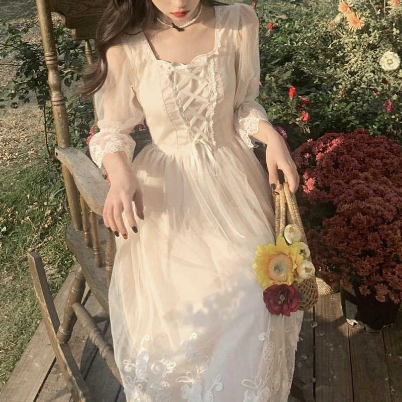 Summer Lace Sweet Elegant Dres Evening Party Korean Kawaii Short Sleeve Female Square Collar 210623