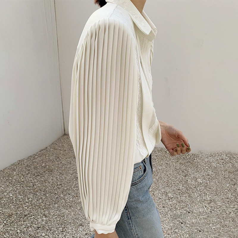 Nomikuma Korean Pleated Lantern Sleeve Blouse Shirt Causal Lace Patchwork Women Tops Elegant Turn-down Collar Blusas 6D661 210427