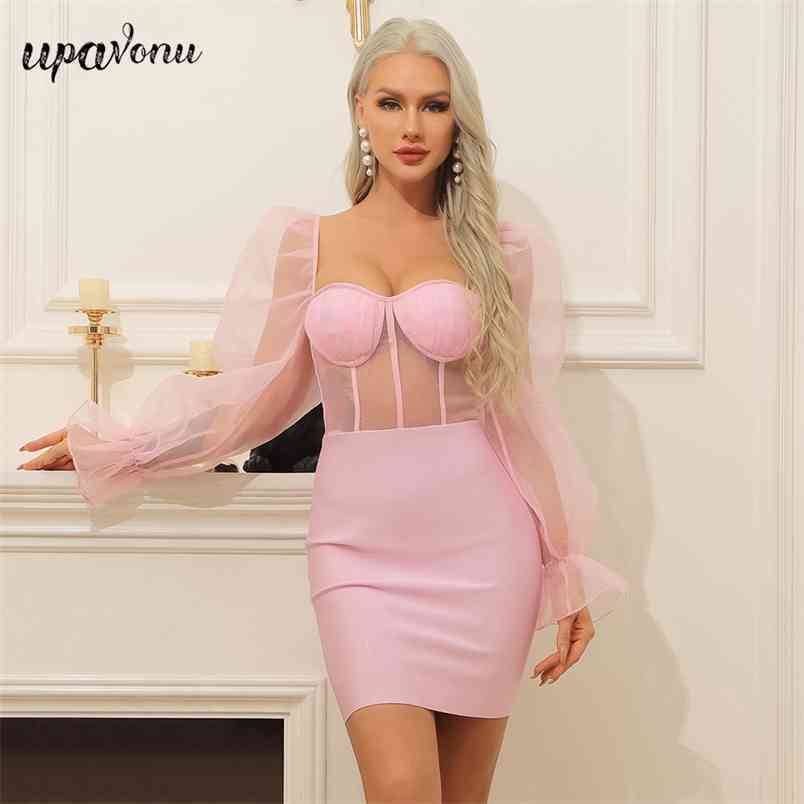 Free Summer Women Pink Bandage Dress Sexy Tulle Bubble Long Sleeve Hollow Bodycon Club Party Mini 210524