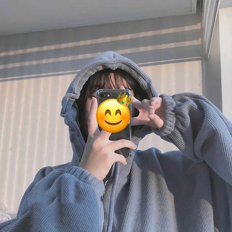 Autumn and winter zipper hooded jacket cute age reduction plus velvet cardigan sweater female Korean version loose lazy top 210526