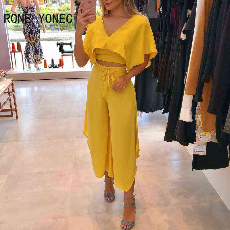 Women Elegant V-Neck Ruffles Trim Crop Top & Plain Pants Set Casual Vacation 211105