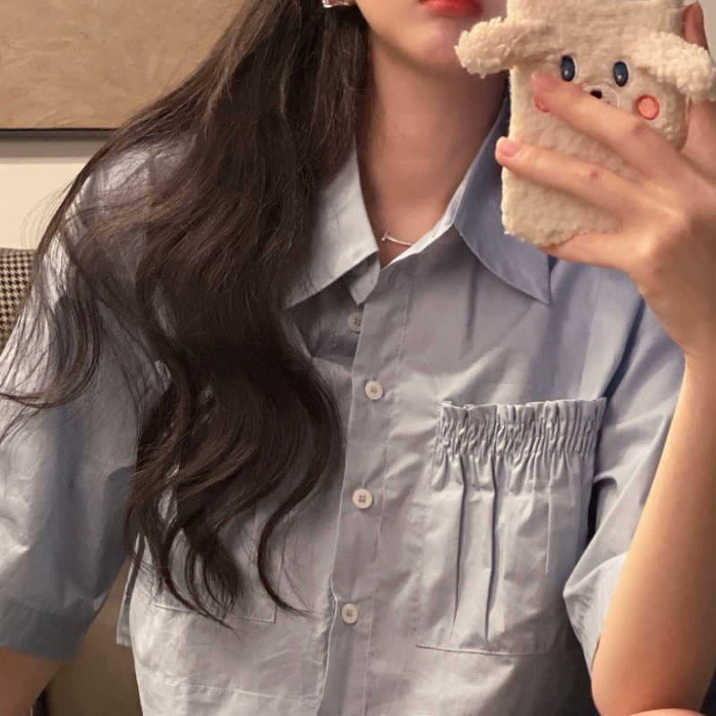 High Waist Short Women Blouse Causal Pleated Pockets Shirt Summer Sleeve Turn-down Collar Crop Tops 6G835 210603