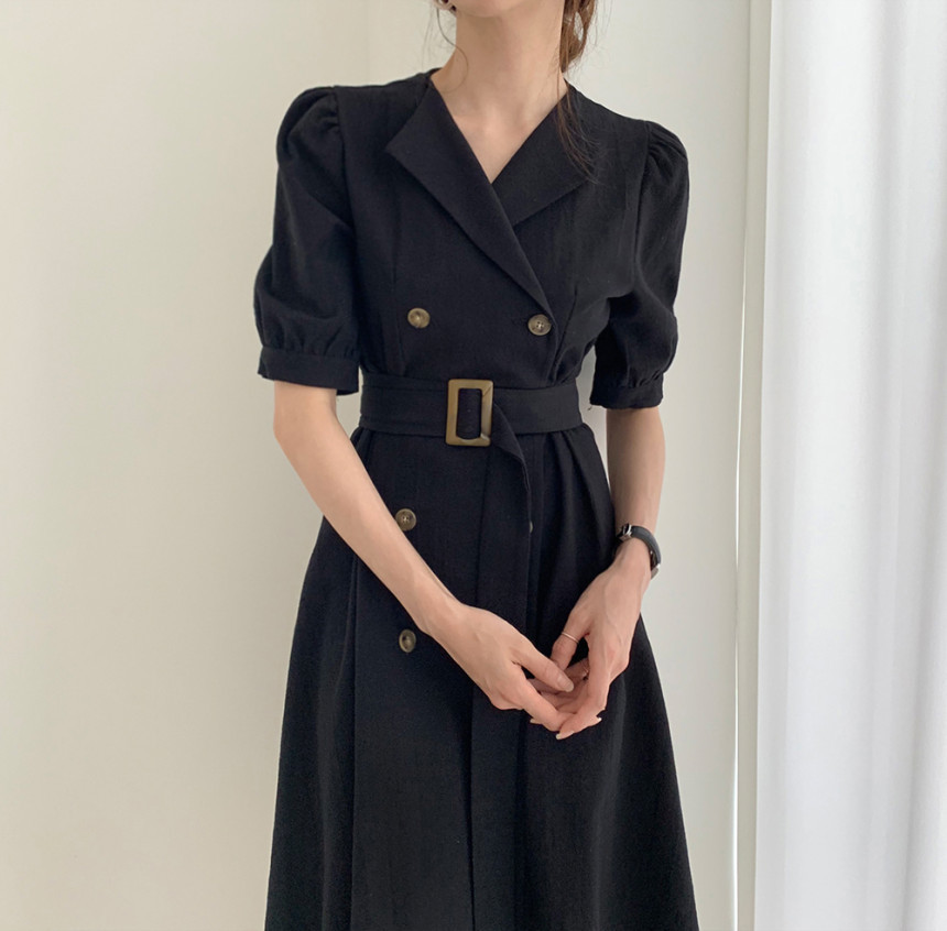 Work Chic Summer Dress Women OL Elegant Vintage Lapel Double-breasted Lace-up Puff Sleeve Slim Office Dresses 210421
