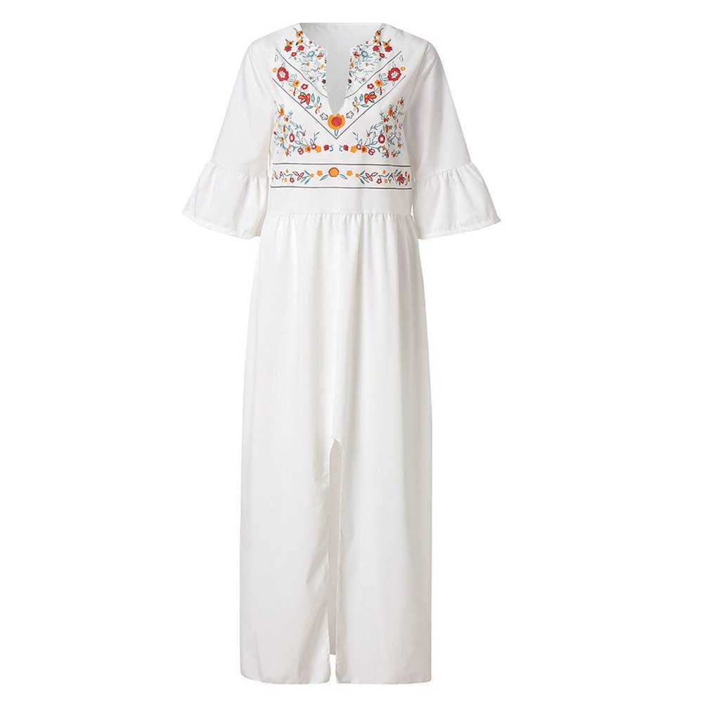 Women Dress Flare Sleeve V-neck Embroidery Print Vintage Dresses Black White Pink Bohemian Clothes 210524