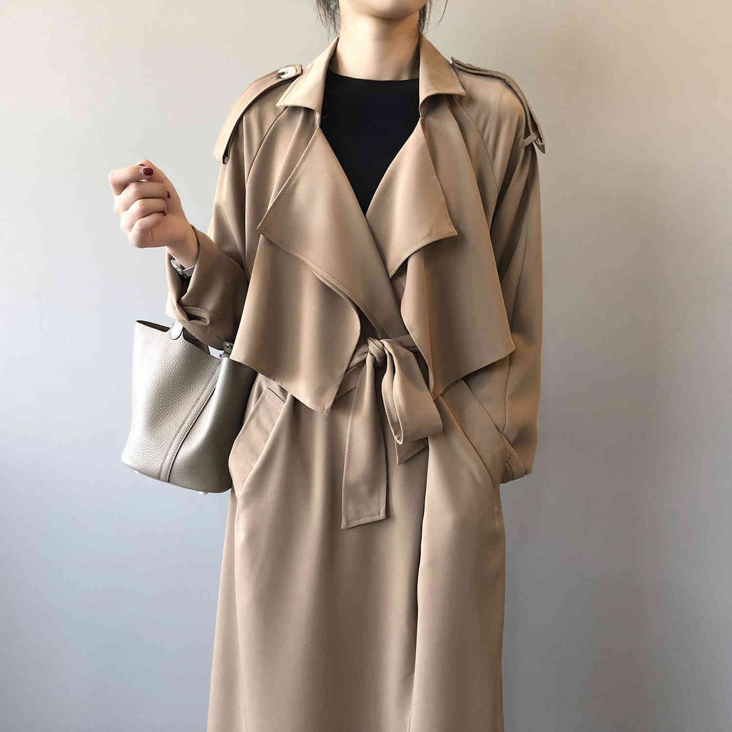 Business Suit Collar Long Sleeve Trench Autumn Casual Coat Female Loose Black Women 096E 210420