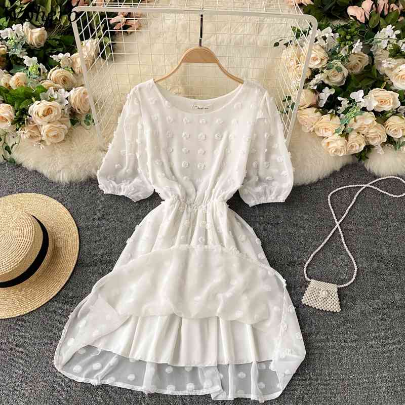 White Dresses for Women Korean Fashion Robe Tassel Polka Dot Puff Sleeve Vestidos Mujer Slim Sweet Chiffion Dress 210422