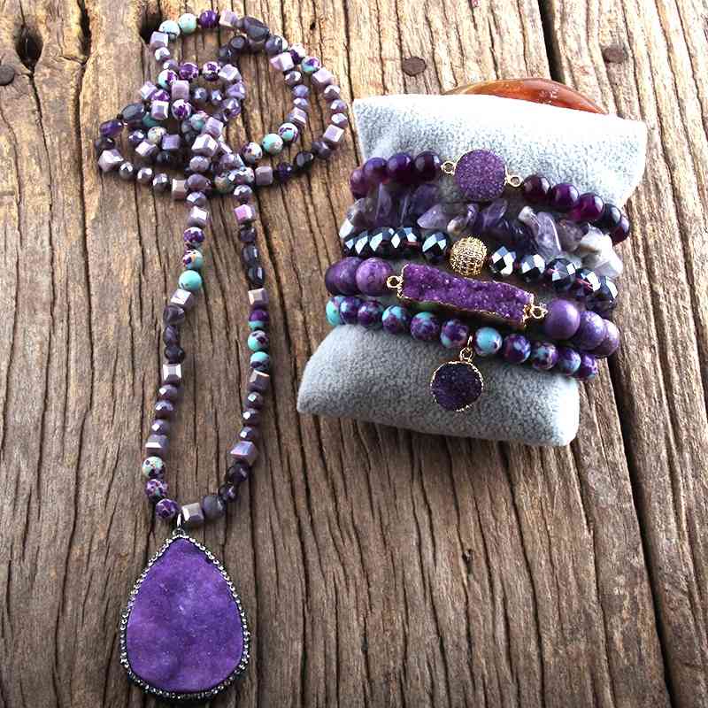 RH Fashion Boho Jewelry Set Semi Precious Stone Knotted Natural Stones Druzy Charm Pendant Necklace Bracelet set, Purple
RH Fashion Boho Jewelry Set Semi Precious Stone Knotted Natural Stones Druzy Charm Pendant Necklace Bracelet set, Purple