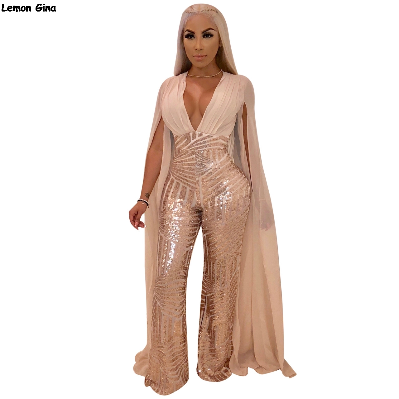 women new hot drilling sequined cloak long sleeve open back deep v-neck bodycon night party jumpsuits sexy club rompers M868, Beige
women new hot drilling sequined cloak long sleeve open back deep v-neck bodycon night party jumpsuits sexy club rompers M868, Beige