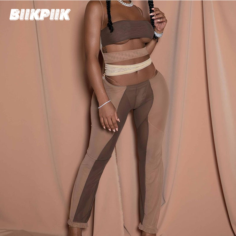 

BIIKPIIK Mesh Skinny Hollow Out Jumpsuits Elegant Patchwork Color Criss-Cross Jumpsuit Strapless Sexy Overalls Casual Clothing, Khaki