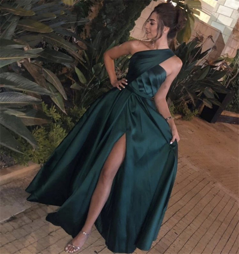 Fashion Prom Dresses robe de soiree Green One Shoulder A-Line Sweep Train Satin Evening Dress Party Gowns vestidos de fiesta de noche