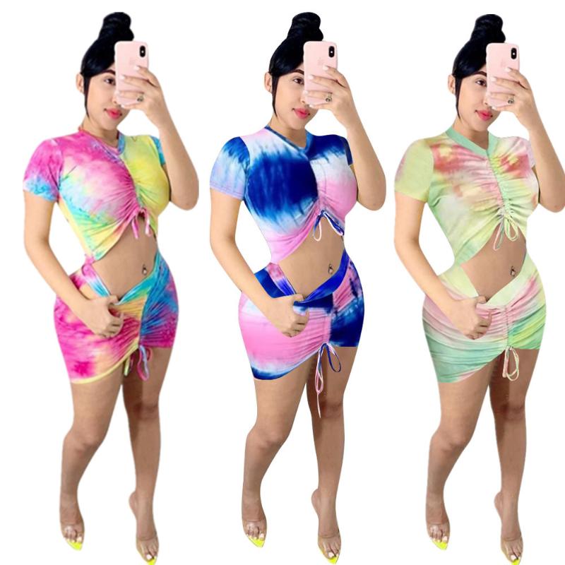 Summer Festival Clothes Women 2 Pieces Skirt Lounge Set Short Sleeve Tie Dye T Shirt Top + Bodycon Skirts Party Club Chic Suit Two Piece Dre