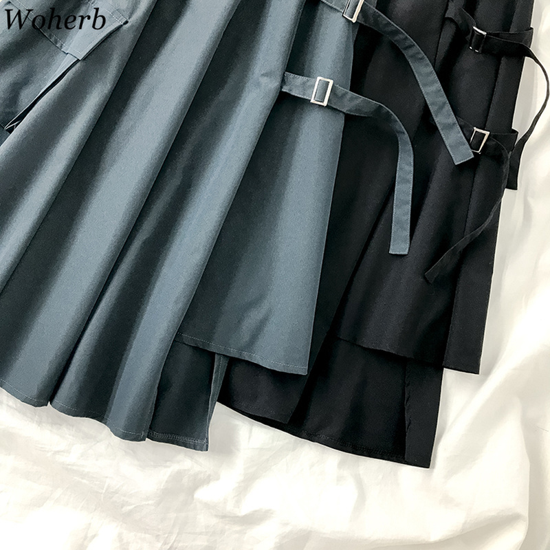 Faldas Mujer Moda Japanese Saia Spring High Waist Irregular A-line Pleated Jupe Solid Big Pocket Mid Length Skirt 210519