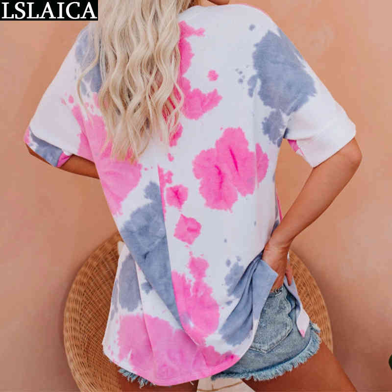 Women T Shirt Long Sleeve Round Neck Tie Dye Print Casual Tshirt Plus Size Elegant Fashion Office High Street Ladies Tops Knit 210520