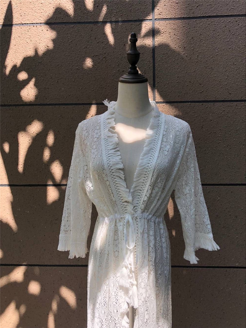 Saida de Praia Cover ups Beach Dresses Lace Robe Plage up Longa Tunic Pareos Bikini #Q495 210420