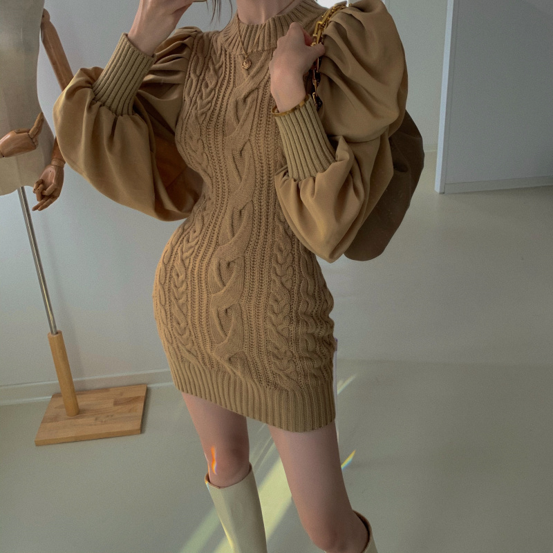 Retro Fall Winter Fashion Women Twist Knit Patchwork Puff sleeve Korean Elegant Chic Sweater Dress Robe Femme 210519
