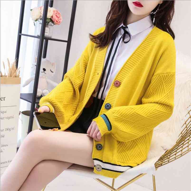 Women Cotton Striped Sweater Female Cardigans Full Sleeve Pockets Casual Loose Button Autumn Winter 210427