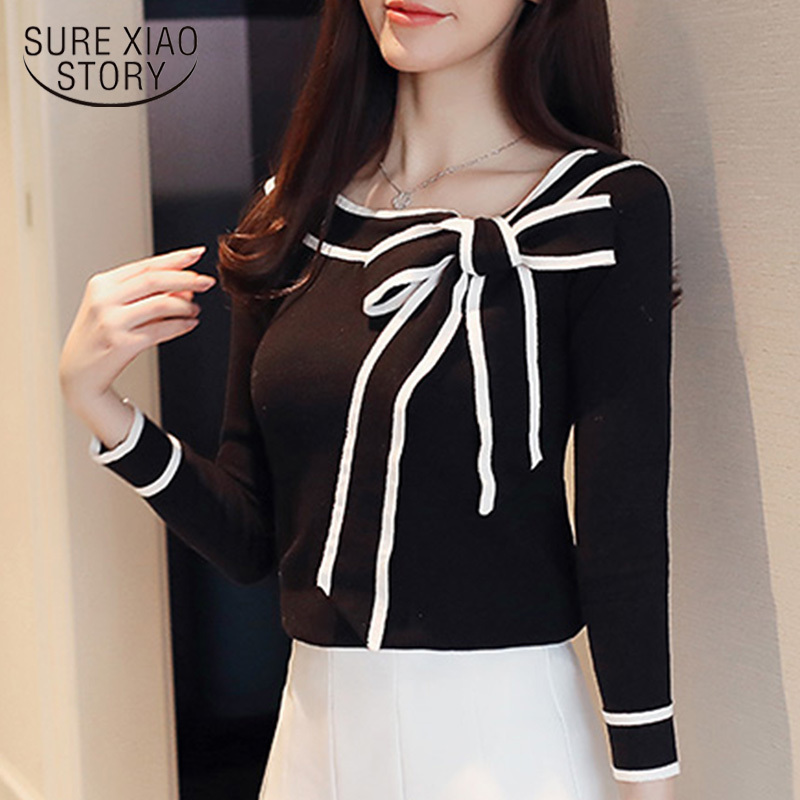 Women Knitted Shirts Bow Blouse Spring Bottoming Shirt Elegant Fashion Black Long Sleeve Blouses Blusas Mujer Ladies Tops 8024 210506