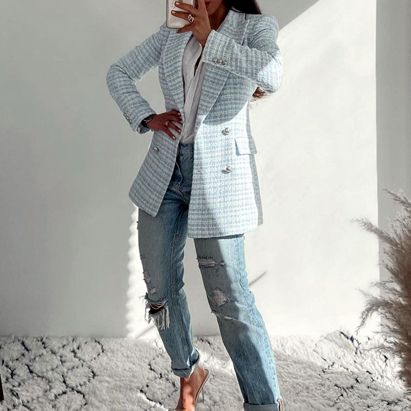 Fashion Casual Double Breasted Tweed Women Blazer Coat Long Spring Autumn Jackets Coats Female Chic Office Lady Tops 210521