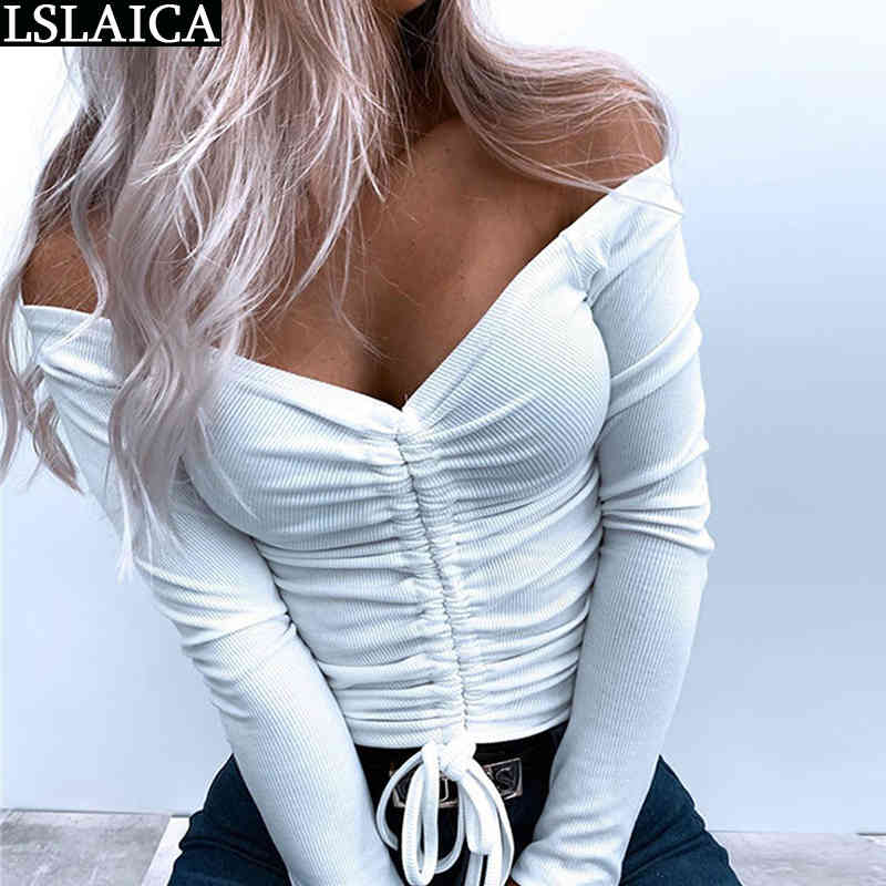 Women Blouses Fashion Ruched Drawstring Solid Lady Long Sleeve Crop Top Casual Autumn Sexy Slash Neck Woman Shirts High Street 210520